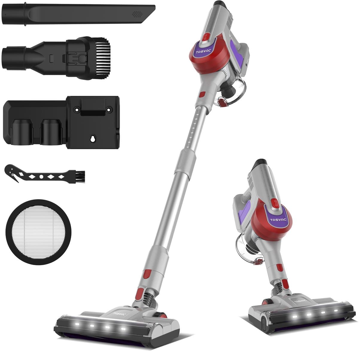 Rode Snoerloze Steelstofzuiger 43,5 x 32,5 x 19,5 cm, 260 W, 23 kPa, LED Display, Zachte Rollerborstel, 5-Traps HEPA Filtersysteem, 50 min Gebruiksduur, Draadloze Stofzuiger voor Vloer, Tapijt en Huisdieren — afbeelding 1