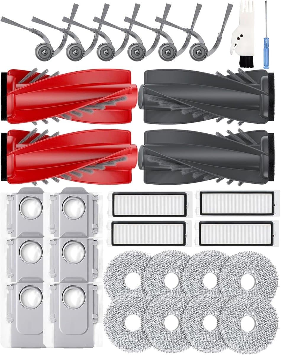 30-delige vervangingsset voor Roborock Qrevo Curve/Curv/Edge/P20 Pro – 4 hoofdborstels, 6 zijborstels, 4 HEPA-filters, 6 stofzakken, 8 dweilpads — afbeelding 1