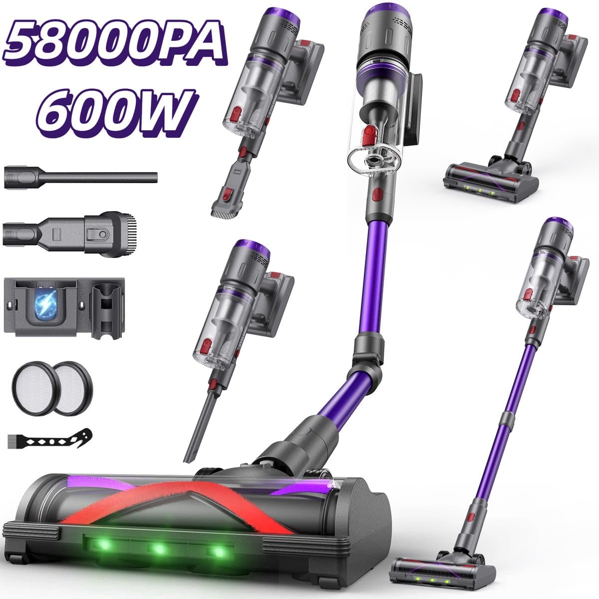 Draadloze stofzuiger 600W / 58Kpa | 75 min. accu & touchscreen | 1,6L met 5 accessoires | Voor harde vloeren, tapijten en dierenharen — afbeelding 1