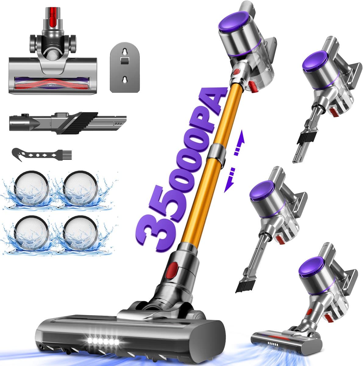 Authmic Steelstofzuiger Draadloos - 35.000Pa Zuigkracht - 6-in-1 Multifunctioneel Ontwerp - 6*2200mAh - 50 Min - GreenEye Technologie - Wandbeugel - Geschikt voor Huisdierharen, Tapijt en Harde Vloeren - Purpergoud — afbeelding 1