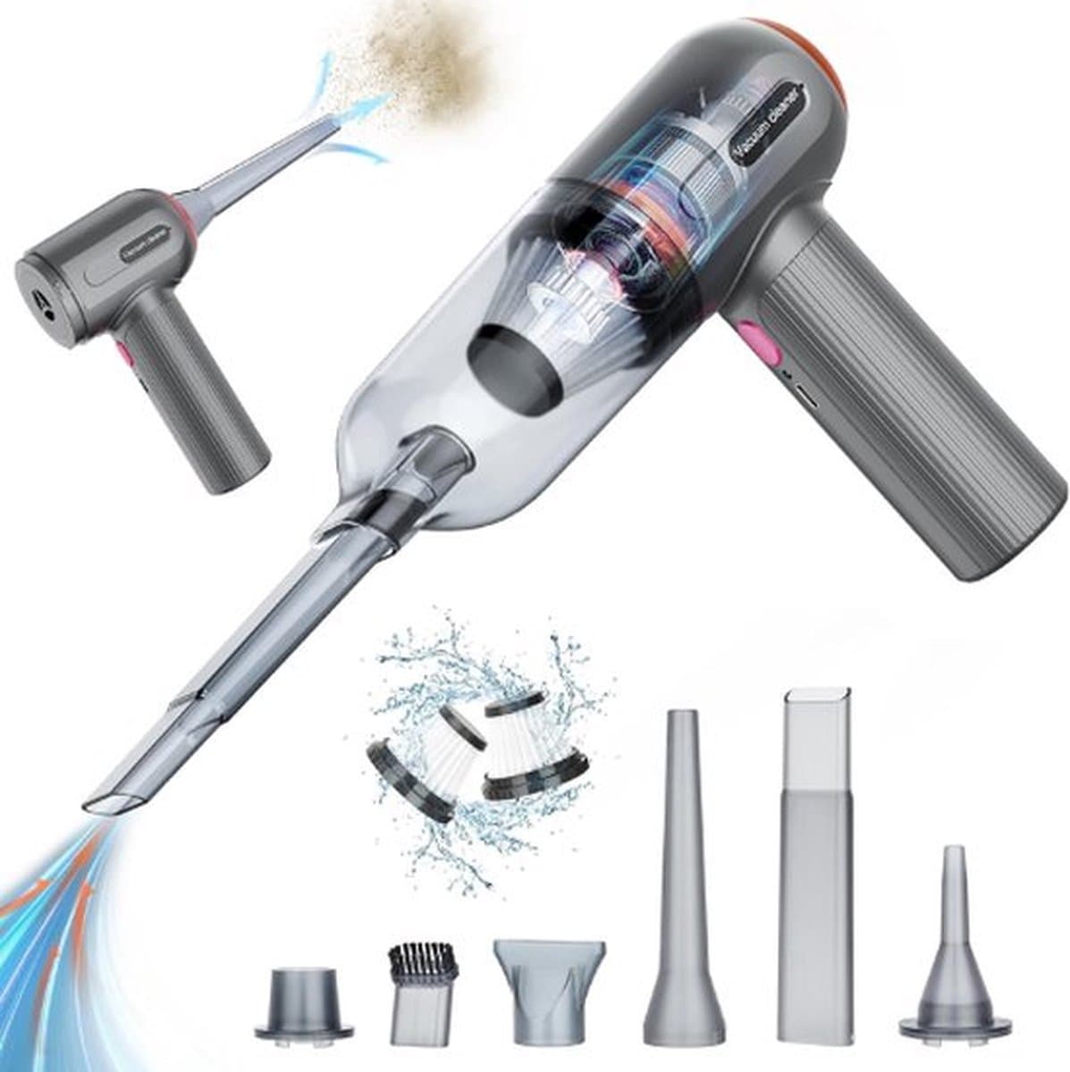Draagbare Vlekkenreiniger – Kruimeldief Snoerloos Best Verkocht – Vacuum Cleaner – Handstofzuiger – 6 Mondstukken – 9000PA – Grijs — afbeelding 1