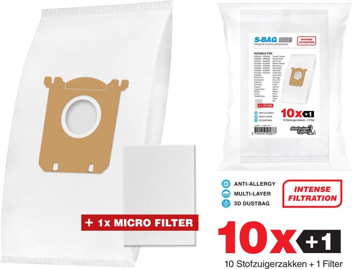 10x S-Bag Stofzuigerzakken geschikt voor Philips, AEG en Electrolux - Microvezel 3D Stofzuigerzakken - 10 stofzakken + 1 Filter - A-Kwaliteit Alternatief — afbeelding 1