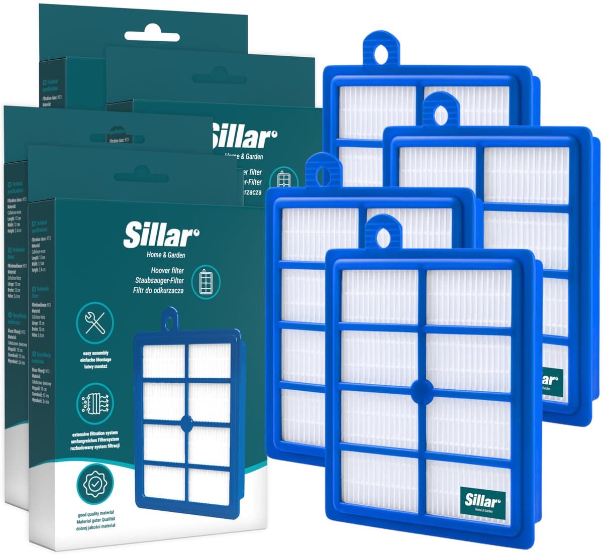 Sillar, set 4 stofzuigerfilters, HEPA, anti-allergeen, geschikt voor Electrolux Classic Silence Ultra Silencer Pure D8 D9, vervanging voor filters AFS1W, EFH12, FSEL01, FR-6558, FR-7111, 9001951202 — afbeelding 1