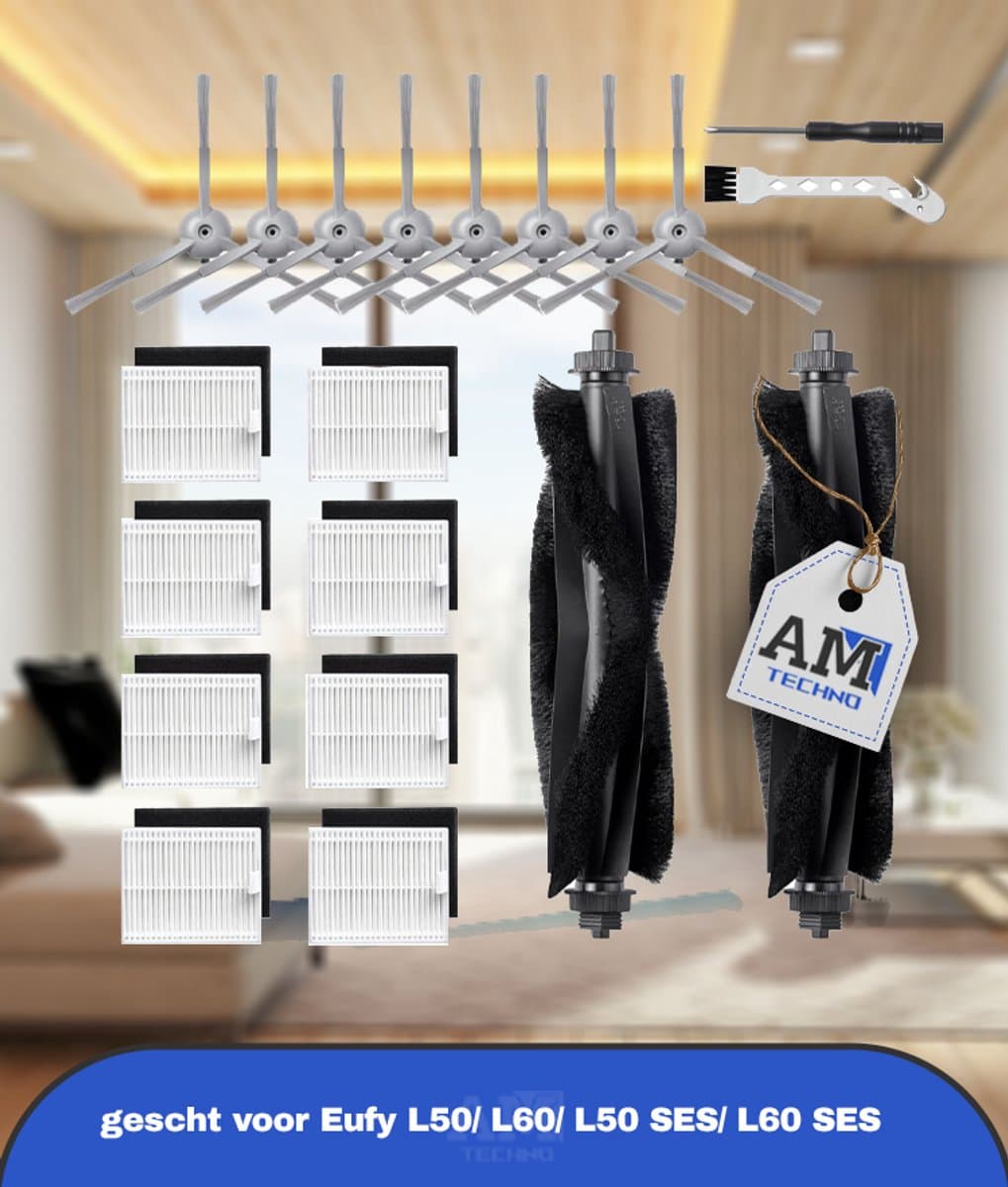 20 Stuks Reserveonderdelen Geschikt voor Eufy L50/ L60/ L50 SES/ L60 SES Stofzuigerrobot, Vervangende Accessoireset met 2 Hoofdborstels, 8 Zijborstels, 8 Filters, 1 Reinigingsborstel, 1 Schroevendraaier — afbeelding 1
