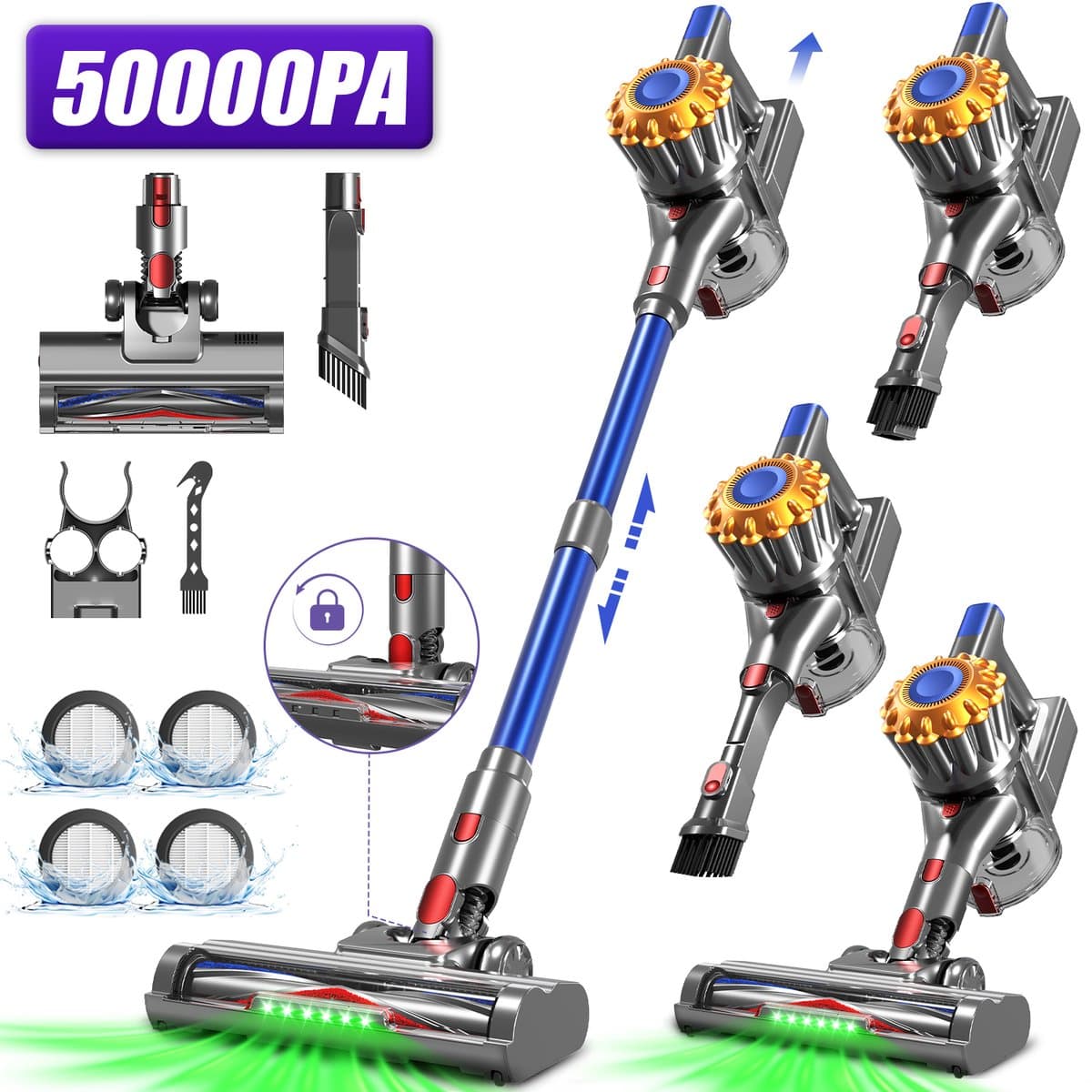 Adormii Steelstofzuiger Draadloos – 50 kPa Sterke Zuigkracht – Tot 60 Min Accuduur – Anti-haarwikkel Vloerborstel – 4 HEPA-filters – 1,6 L Stofreservoir – Groene LED Stofdetectieverlichting – Blauw — afbeelding 1