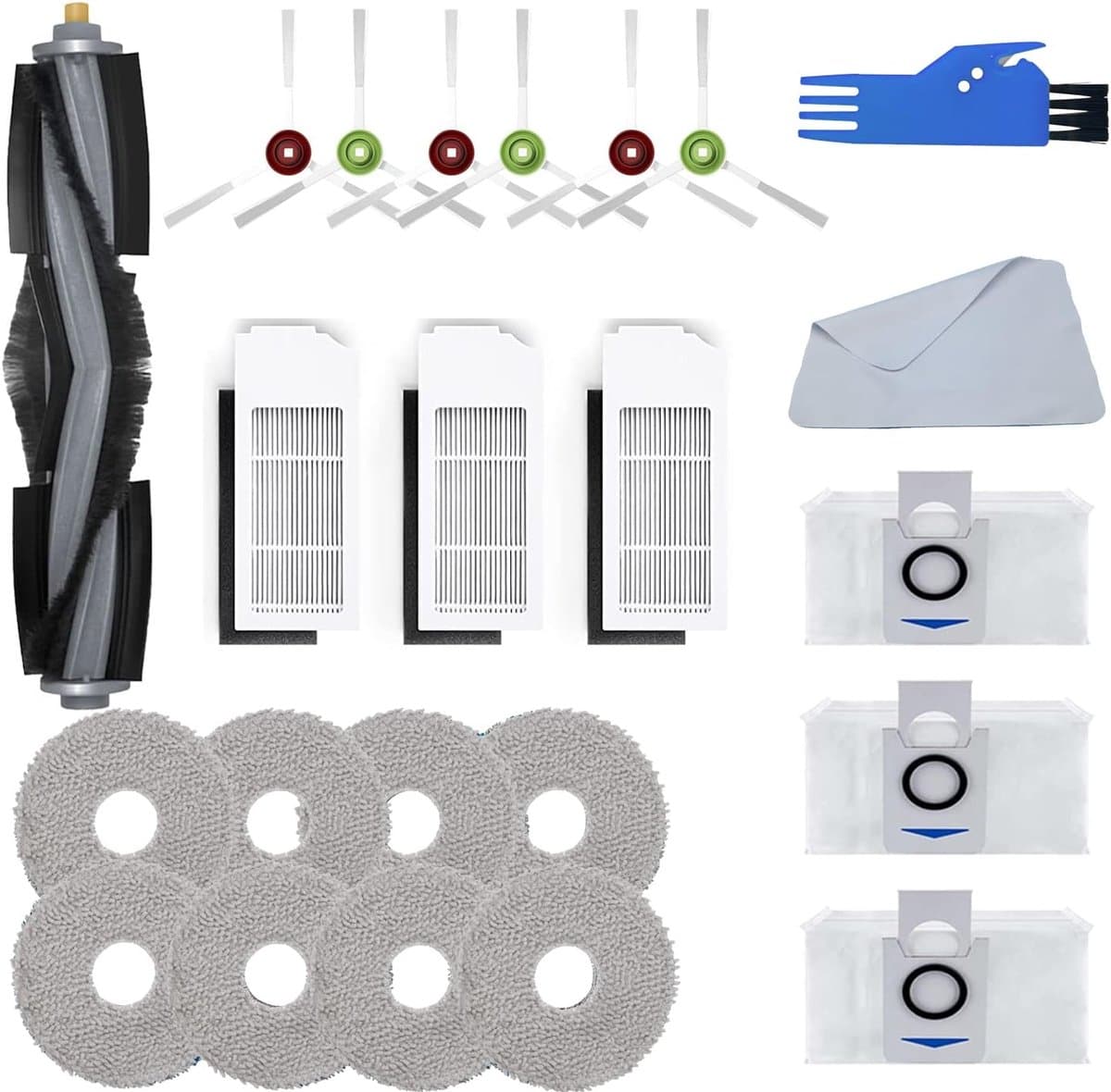 23 stuks reserveonderdelen Geschikt voor Ecovacs DEEBOT X1 Omni, X1e Omni/T10 Omni stofzuigeraccessoireset, 1 hoofdborstel, 6 zijborstels, 3 HEPA-filters, 3 stofzakken, 8 zwarte doekjes en 1 — afbeelding 1