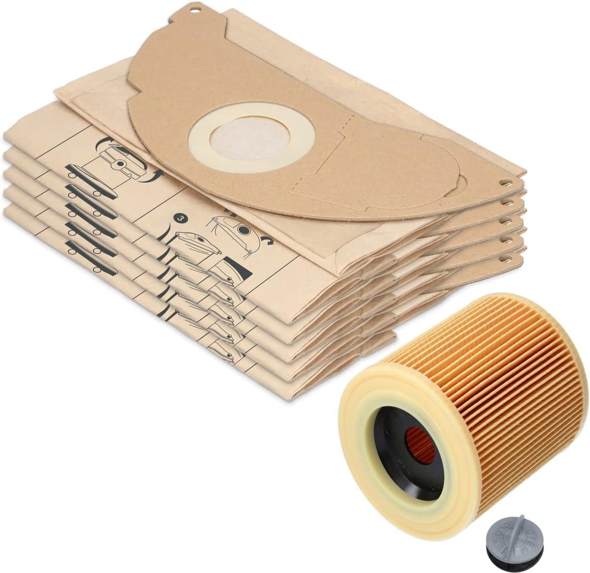 10 stofzuigerzakken + 1 filter geschikt voor Kärcher WD2 en MV2 stofzuiger, alternatief voor 6.904-322.0 (zak) en 6.414-552.0 KFI 3310 (patroonfilter), KA 37 — afbeelding 1