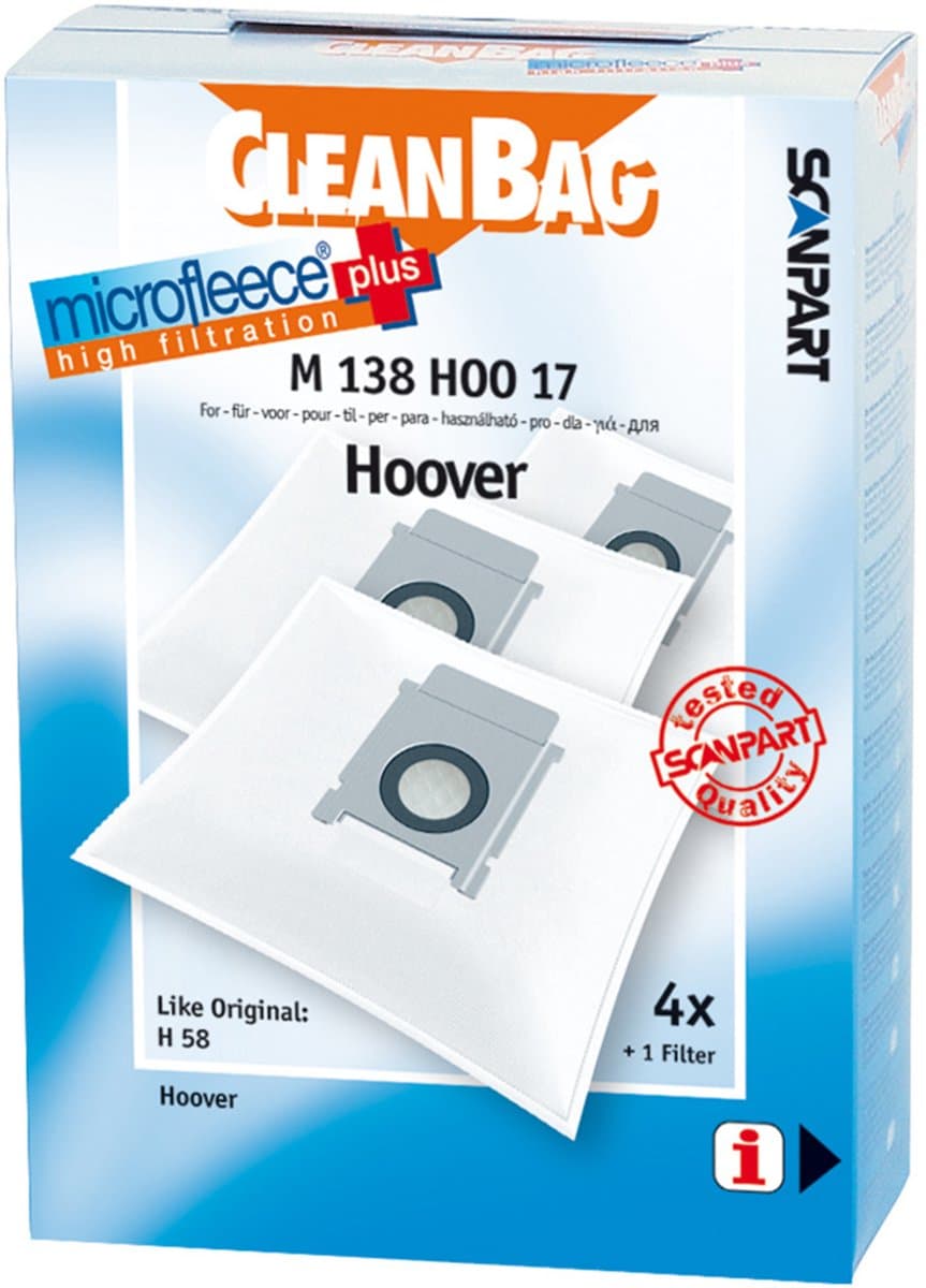 CleanBag stofzuigerzakken 4 stuks - Geschikt voor Hoover Capture Flash Freespace Sprint - H58 H63 H64 - Inclusief 1 filter - Alternatief — afbeelding 1