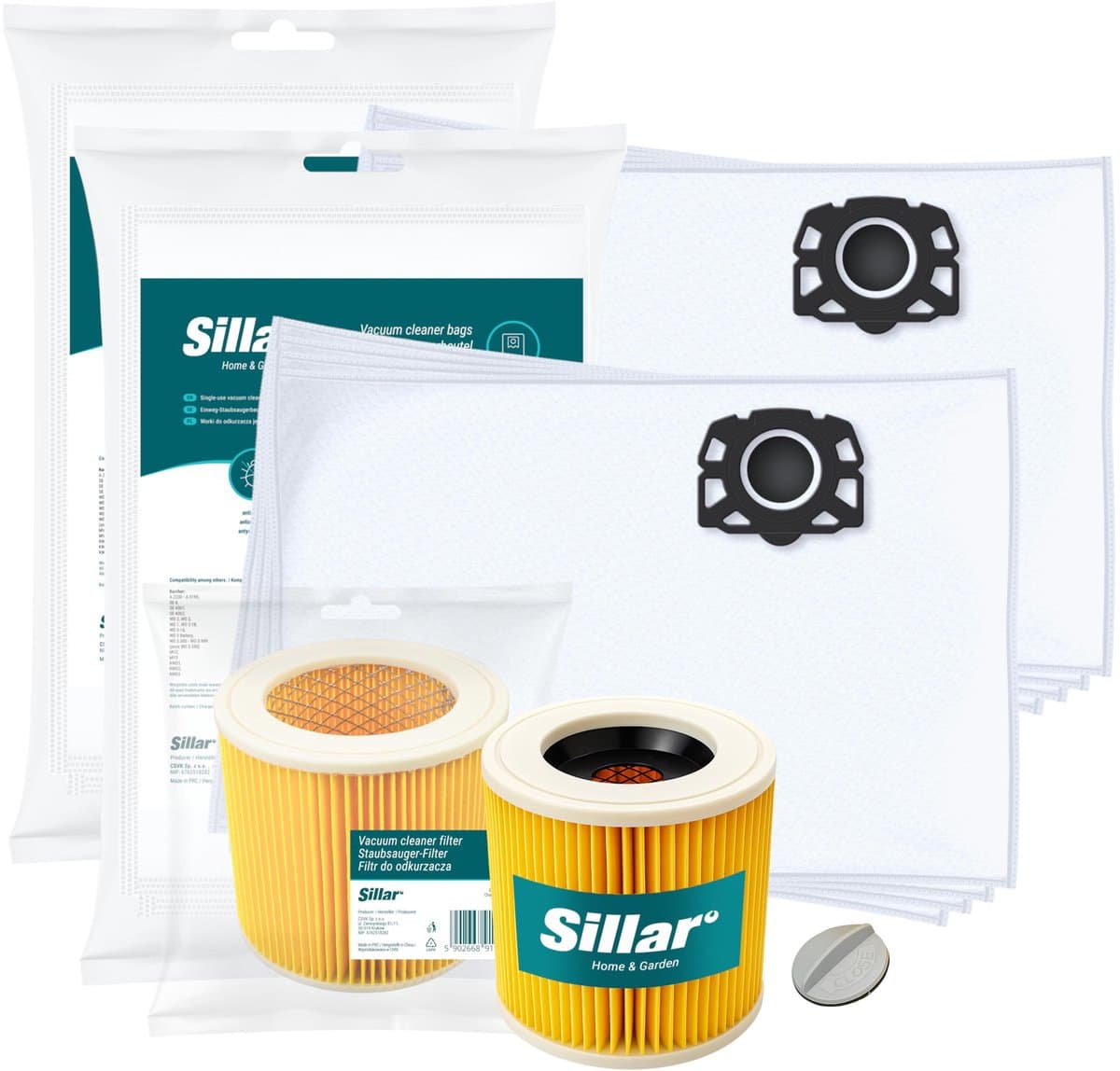 Sillar Stofzuigerzakken synthetisch, 8 stuks + 1x stofzuigerfilter versterkt met gaas - met bevestigingsplug - set voor stofzuigers - compatibel met Karcher WD1 WD2 WD3 WD3.200 KWD1 KWD2 KWD3 SE4 SE4001 SE4002 - vervangers — afbeelding 1
