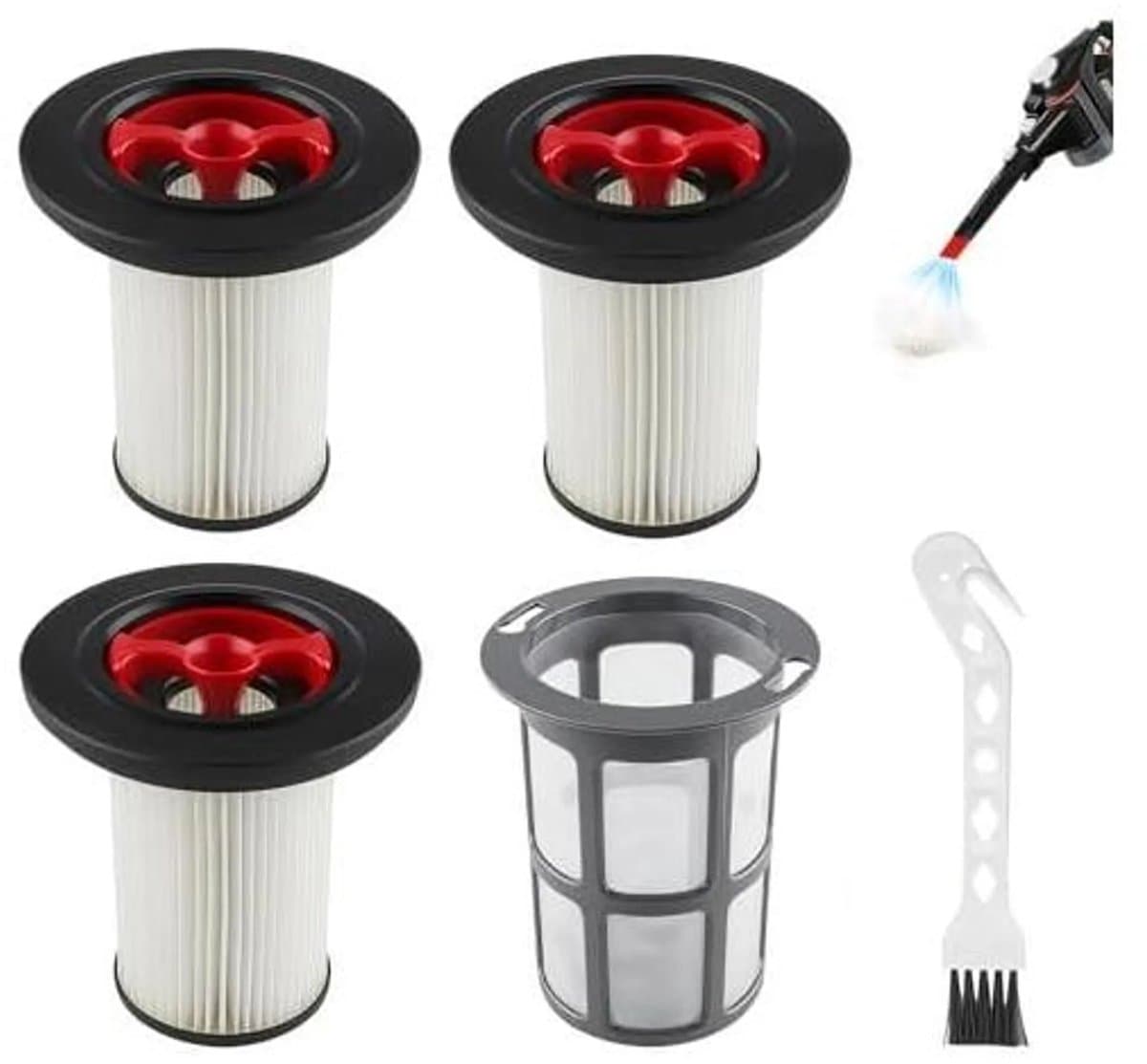 De Geschikt voor Bosch Unlimited Gen2 Serie 8 Stofzuiger 3-delige vervangingsfilterset bevat HEPA-filters Geschikt voor modellen 12036642 en 12023349, één filterdop en één reinigingsborstel. — afbeelding 1