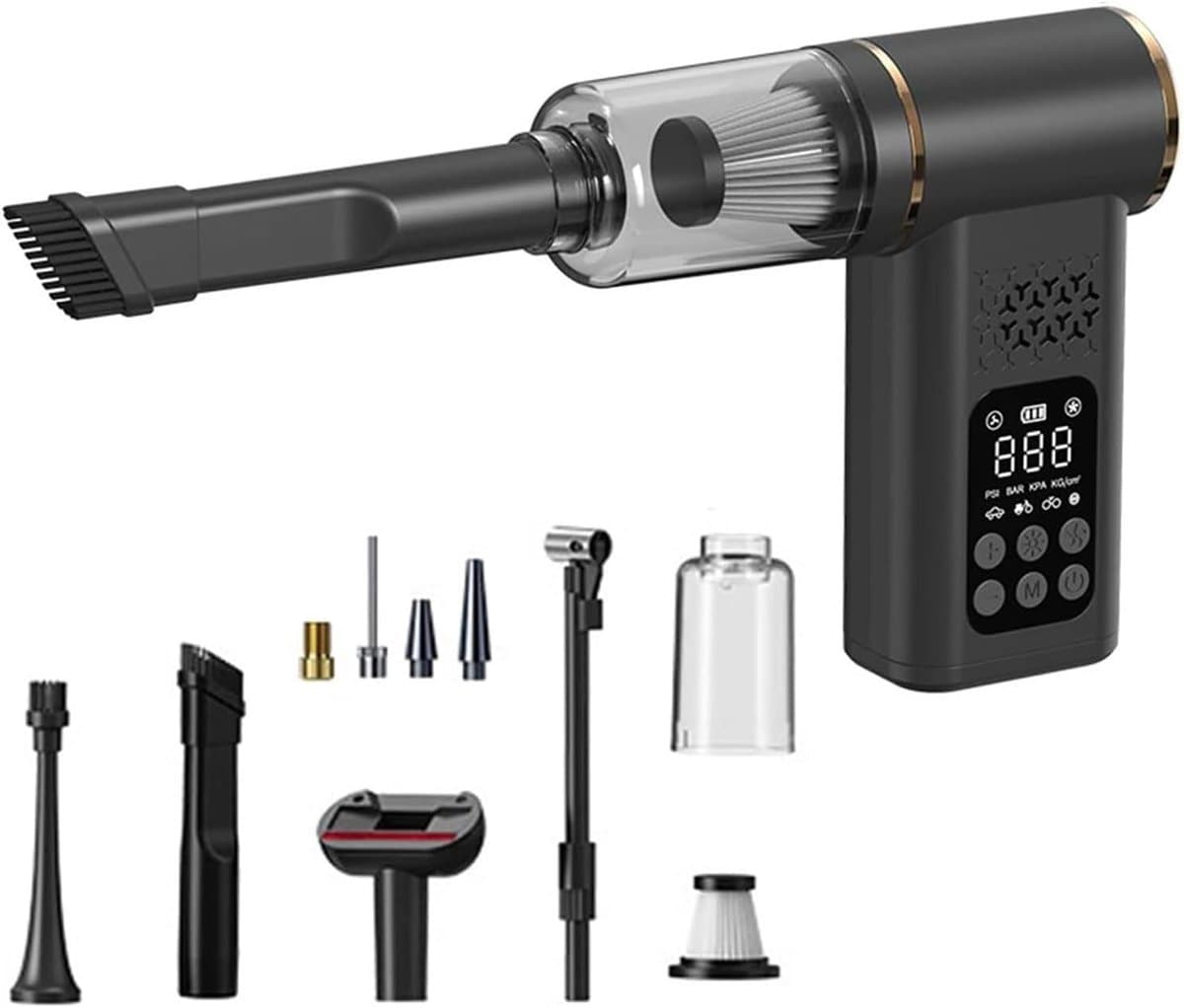 Draadloze 5-in-1 autostofzuiger met draagbare bandenpomp, voorzien van LED-verlichting en digitale drukmeter, krachtige handstofzuiger geschikt voor auto's, dierenharen, motorfietsen, ballen, enz. (Zwart) — afbeelding 1