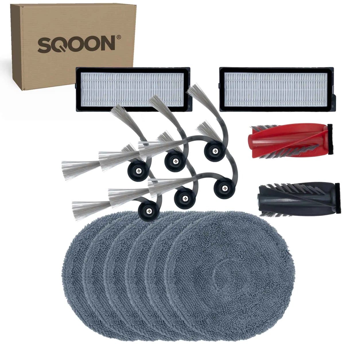 SQOON® vervangingsset geschikt voor Roborock Qrevo Curv - 15-delige onderhoudskit met HEPA filters, zijborstels, borstelrol en dweilpadschijven — afbeelding 1