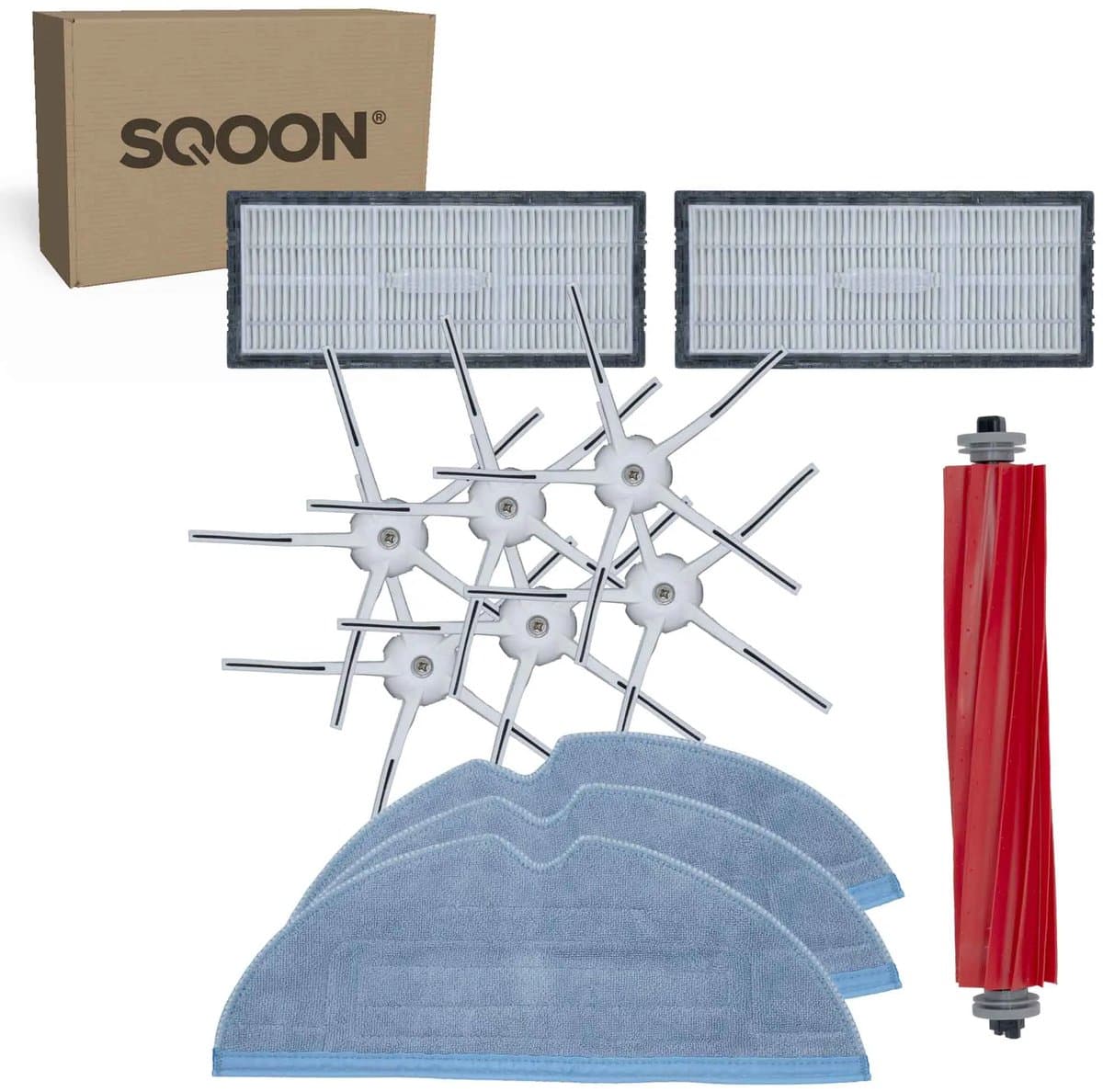 SQOON® vervangingsset geschikt voor Roborock S7 / T7 / T7+ - 12-delige onderhoudskit met HEPA-filters, zijborstels, borstelrol en brede dweilpads — afbeelding 1