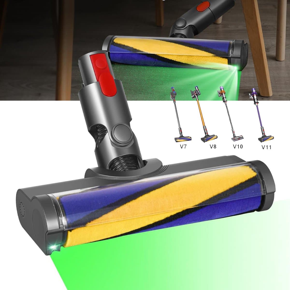 Zachte Rolborstelkop Voor Dyson V7 V8 V10 V11 V15 - LED-Zachte Rollerreinigerkop - Met Groene Led-Reinigingslamp Voor Hardhout Marmer En Tegels — afbeelding 1