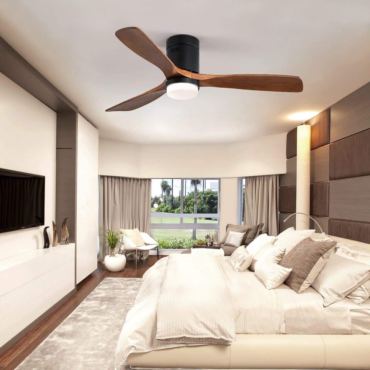 OKWISH Plafondventilator Met Licht 132 Cm - 3 Houten Vleugels, Stille Omkeerbare Gelijkstroommotor, 6 Snelheden - Voor Woonkamer En Slaapkamer - Zwart — afbeelding 1