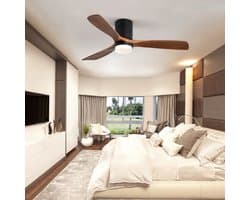 OKWISH Plafondventilator Met Licht 132 Cm - 3 Houten Vleugels, Stille Omkeerbare Gelijkstroommotor, 6 Snelheden - Voor Woonkamer En Slaapkamer - Zwart