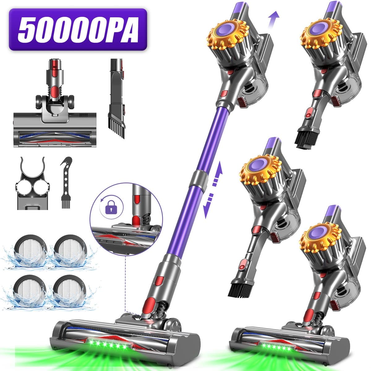 Adormii Steelstofzuiger Draadloos – 50 kPa Sterke Zuigkracht – Tot 60 Min Accuduur – Anti-haarwikkel Vloerborstel – 4 HEPA-filters – 1,6 L Stofreservoir – Groene LED Stofdetectieverlichting – Paars — afbeelding 1