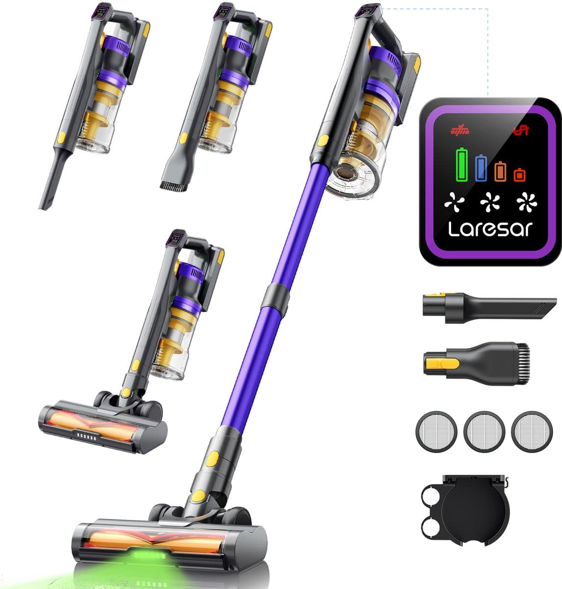 Laresar X11 draadloze stofzuiger, 55 kPa / 550 W, 60 min. batterijduur, 2 liter stofreservoir, groene LED-indicator, touchscreen, voor dierenharen, tapijten en harde vloeren — afbeelding 1
