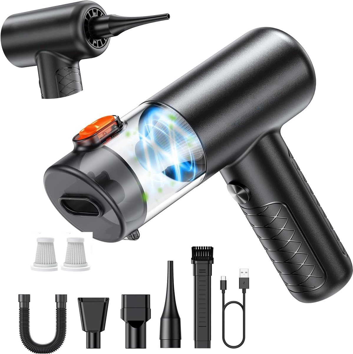 KZQ 4-in-1 draadloze mini auto stofzuiger en luchtduster - Handheld voor auto huisdier thuis en kantoor - Inclusief 2 filters - Zwart — afbeelding 1