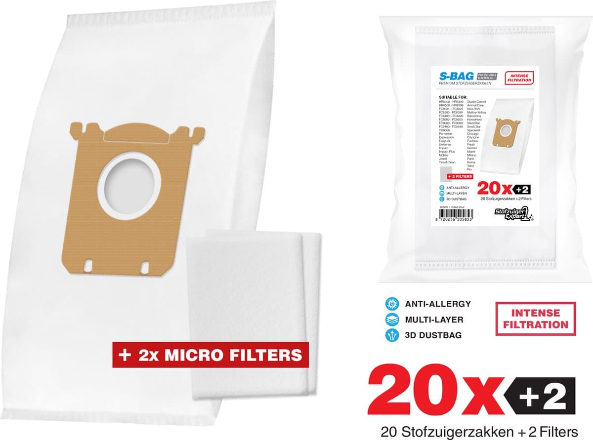 20x Philips, AEG, Electrolux Microvezel S-Bag 3D Stofzuigerzakken - 20 stofzakken + 2 Filters A-Kwaliteit Alternatief — afbeelding 1