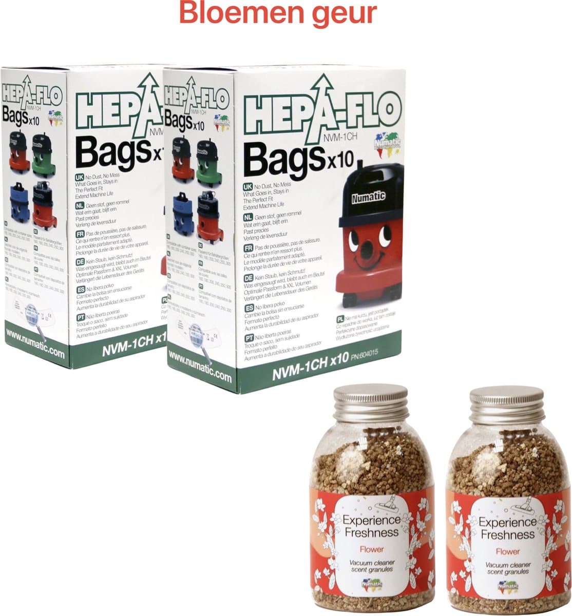 Numatic - 2x Stofzuigerzakken + 2x Geurkorrels (bloemen geur) - Hepa flo bags - Voor Henry/Hetty - NVM 1CH X10 - COMBIDEAL — afbeelding 1