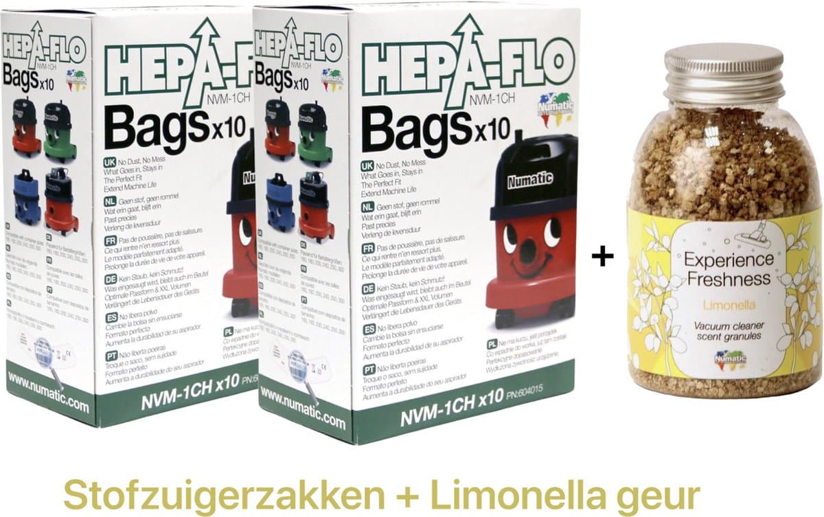 Numatic - 2x Stofzuigerzakken + 1x Geurkorrels (limonella geur) - Hepa flo bags - Voor Henry/Hetty - NVM 1CH X10 - COMBIDEAL — afbeelding 1
