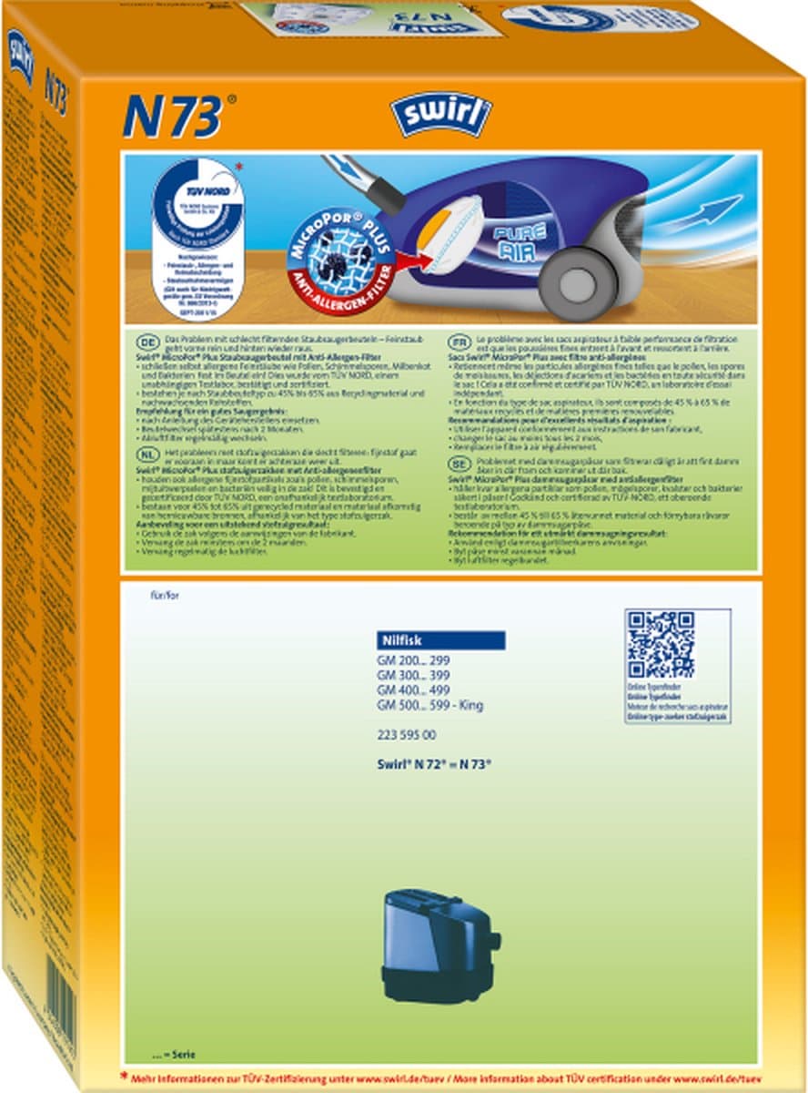 Swirl N72 N73 stofzuigerzakken - 4 stuks + 1 filter - Geschikt voor Niflisk GM200 series - GM300 series - GM400 series - GM500 King series — afbeelding 1