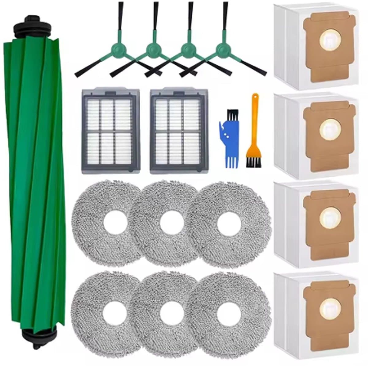 19stuks - Geschikt voor iRobot Roomba Plus 505/405/507 Combo Robotstofzuiger: 1 hoofdborstel - 4 stofzakken - 4 zijborstels - 2 HEPA- filters - 6 dweilen - 1 geel reinigingsborstel en 1 blauw reinigingsborstel — afbeelding 1