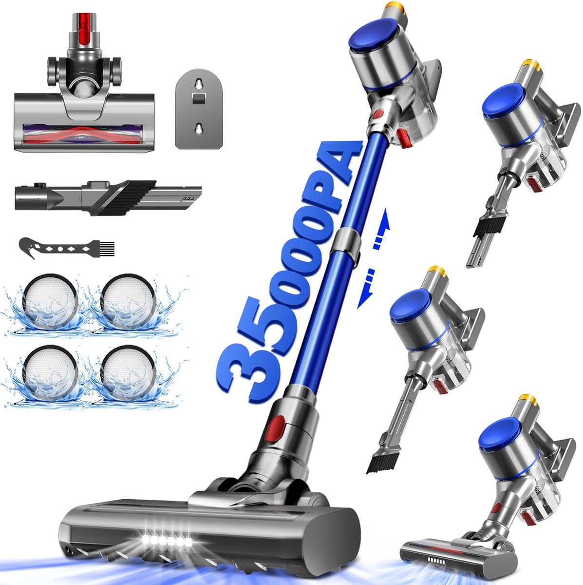 Authmic Steelstofzuiger Draadloos - 35.000Pa Zuigkracht - 6-in-1 Multifunctioneel Ontwerp - 6*2200mAh - 50 Min - GreenEye Technologie - Wandbeugel - Geschikt voor Huisdierharen, Tapijt en Harde Vloeren - Blauw — afbeelding 1