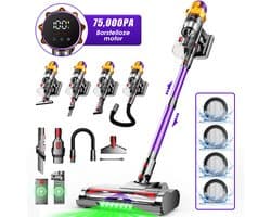 Hiaonyx steelstofzuiger - 9-in-1 steelstofzuiger draadloos - 75000pa - Met dierenborstel - LED Groene Stofdetectielamp - Geschikt voor Tapijten - Harde Vloeren en Dierenharen - 2-liter stofopvangbox - Paars