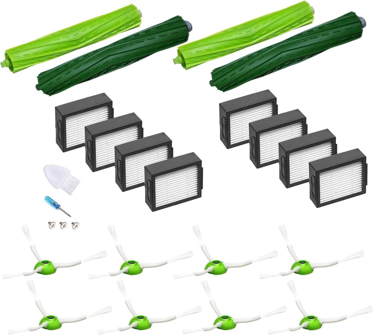 Onderdelen Accessoires sets gescht voor iRobot Roomba e5 e6 i7 i3 J7 i1 i8 Combo j5 i5+, 2x centrale rollen; 8x Filters; 8x zijborstels — afbeelding 1