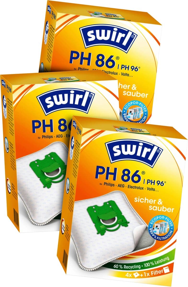 3-pack Swirl PH86 PH96 stofzuigerzakken - 12 stuks + 3 filters - Geschikt voor Philips AEG Electrolux S-Bag - nr. FC8021/03 - FC8021/05 - GR201S - GR201SM — afbeelding 1