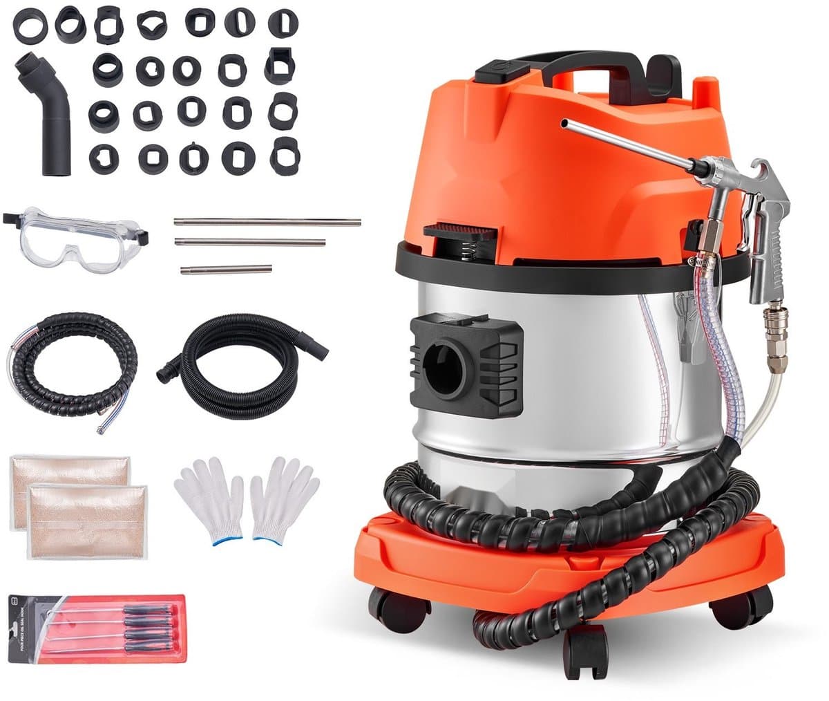 Walnootstraalunit - Mobiele zandstraalmachine - 13 L Reservoir - 1200 W - Ontkolen inlaatspruitstukken en kleppen - Incl. 2,5 kg walnootschil straalmiddel - 23 adapters — afbeelding 1