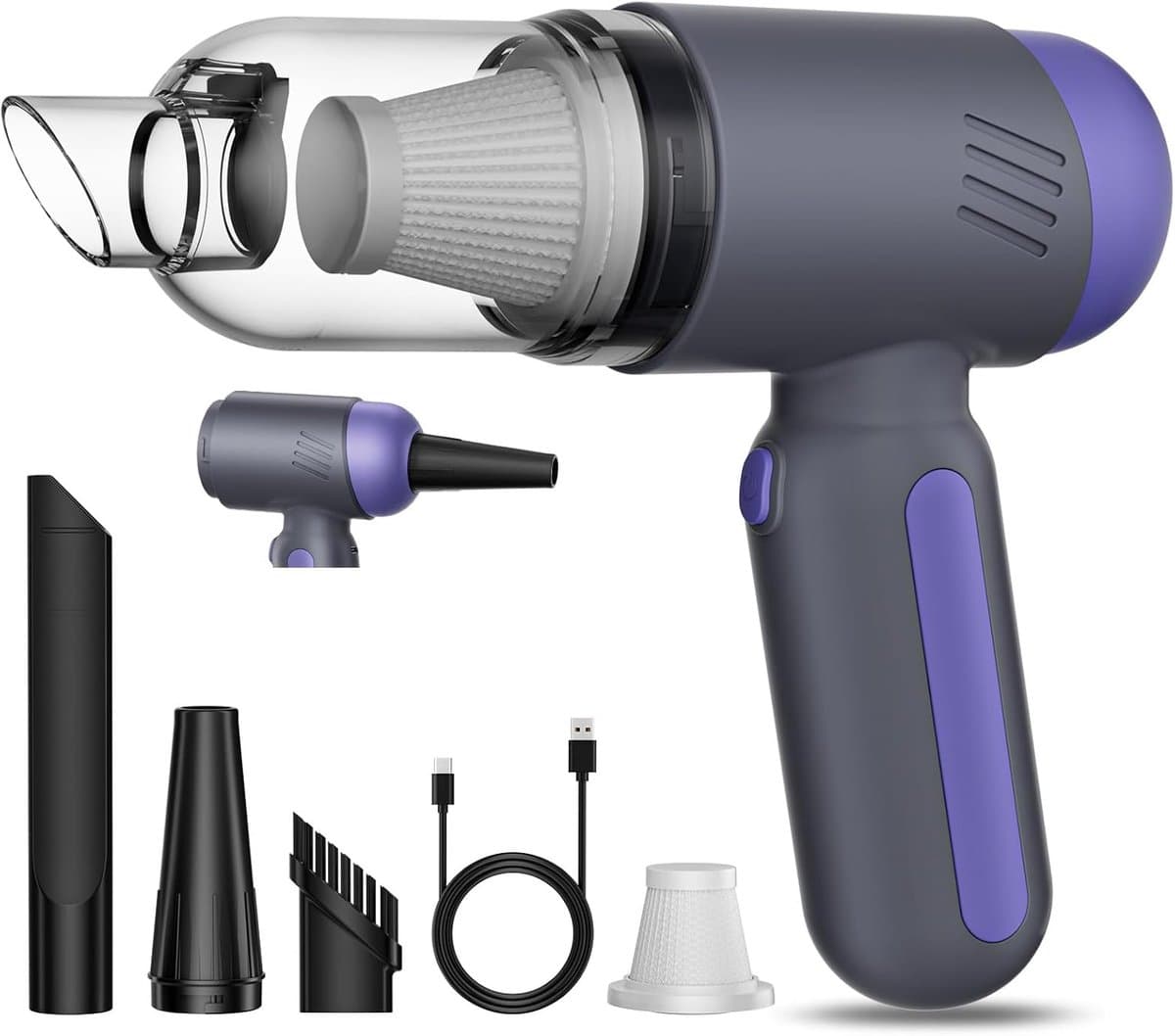Handstofzuiger voor in de auto, 2-in-1 draadloze autostofzuiger en föhn, krachtige zuigkracht van 15000 Pa, USB-C opladen, lichtgewicht en draagbaar mini handmodel, geschikt voor het reinigen van auto-/huis-/huisdierhaar, paars. — afbeelding 1