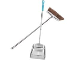 Bezem en Stoffer Set - Veegset Vuilnisbak - Binnen Schoonmaken - Roestvrij Staal - 925 cm - Zilver