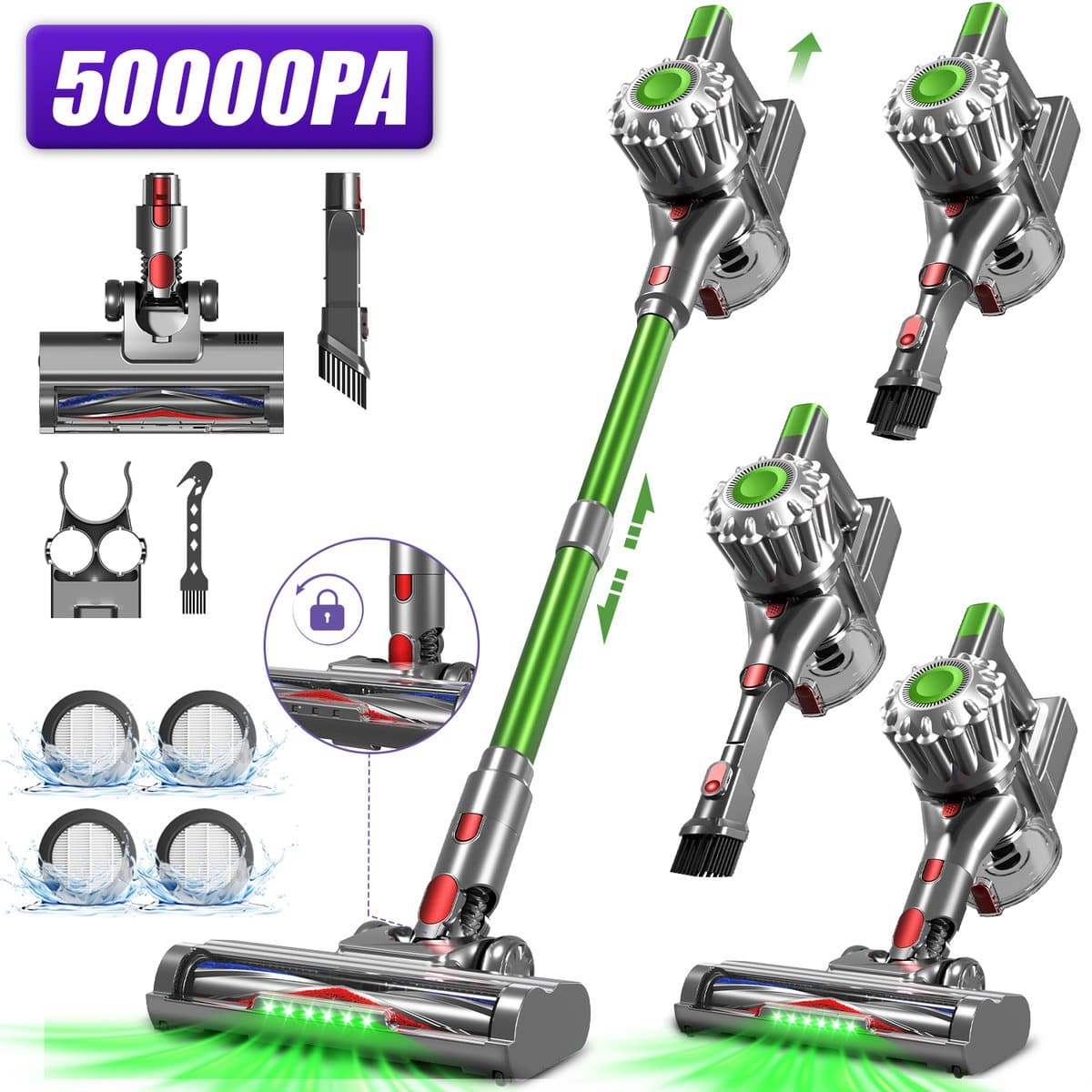 Adormii Steelstofzuiger Draadloos – 50 kPa Sterke Zuigkracht – Tot 60 Min Accuduur – Anti-haarwikkel Vloerborstel – 4 HEPA-filters – 1,6 L Stofreservoir – Groene LED Stofdetectieverlichting – Groen — afbeelding 1