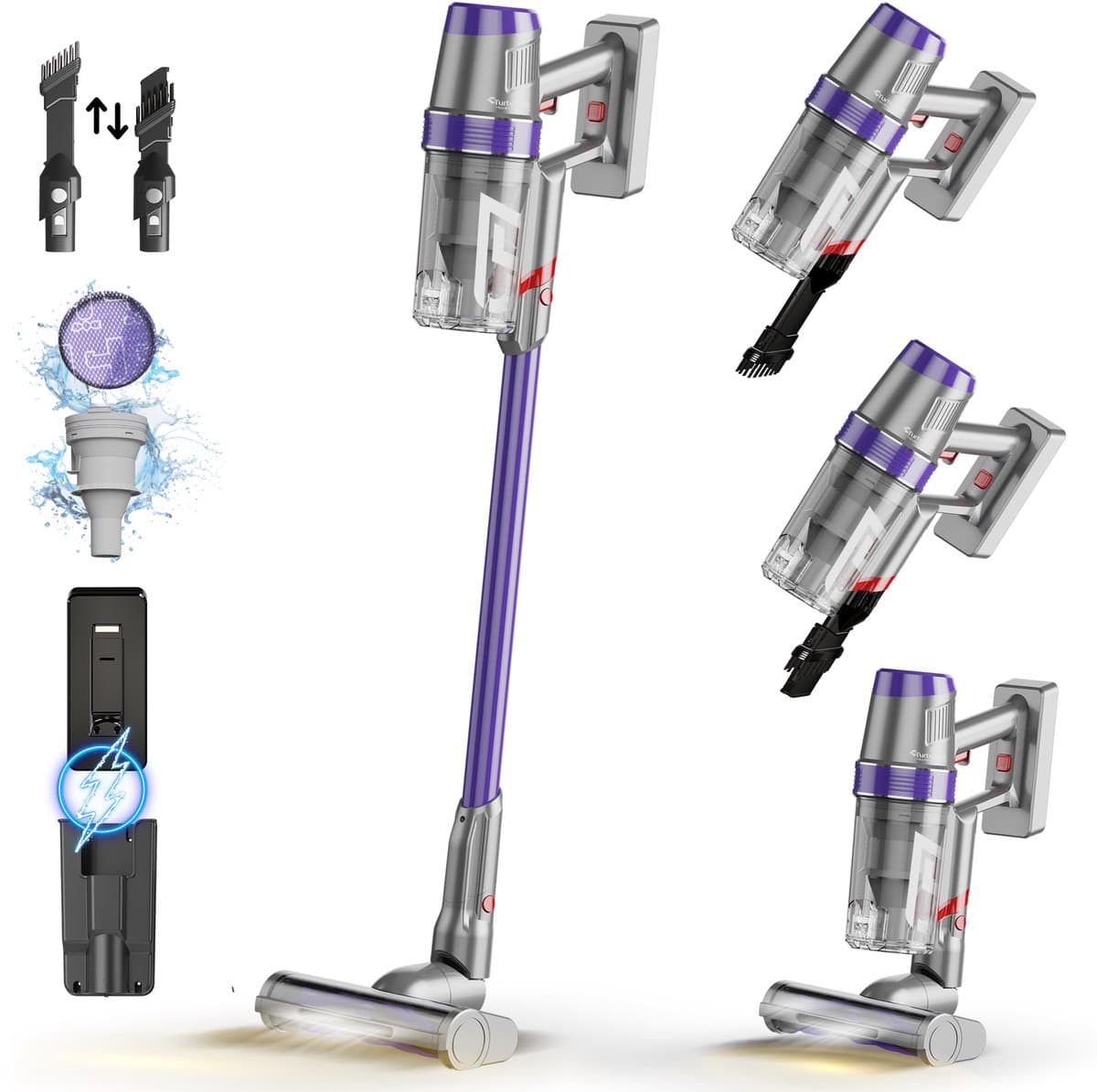 TurboTronic CF7 Draadloze Steelstofzuiger met Handstofzuiger - Hoge Zuikracht - Kruimeldief - Paars — afbeelding 1