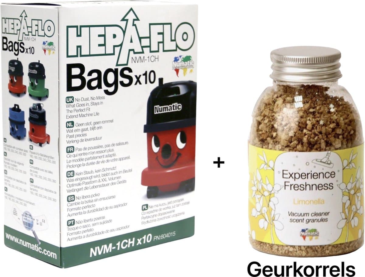 Numatic - Stofzuigerzakken + Geurkorrels (limonella geur) - Hepa flo bags - Voor Henry/Hetty - NVM 1CH X10 - COMBIDEAL — afbeelding 1