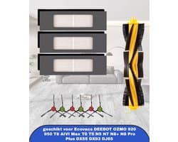 10-delige accessoirekit geschikt voor Ecovacs DEEBOT OZMO 920, 950, T8, T9, T5, N5, N7, N8+ en N8 Pro Plus robotstofzuigers. Set bevat 1 hoofdrolborstel, 3 HEPA-filters en 6 zijborstels voor onderhoud en goede reiniging.