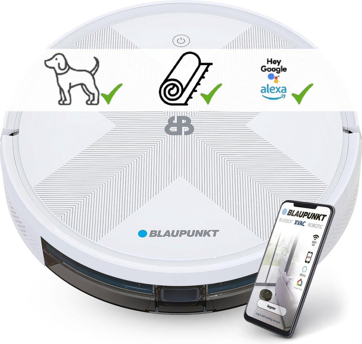 Blaupunkt Bluebot XVAC – Robotstofzuiger met Laadstation - Optie tot Dweilfunctie via los te verkrijgen dweilreservoir – Slimme Navigatie - 2uur lang stofzuigen — afbeelding 1