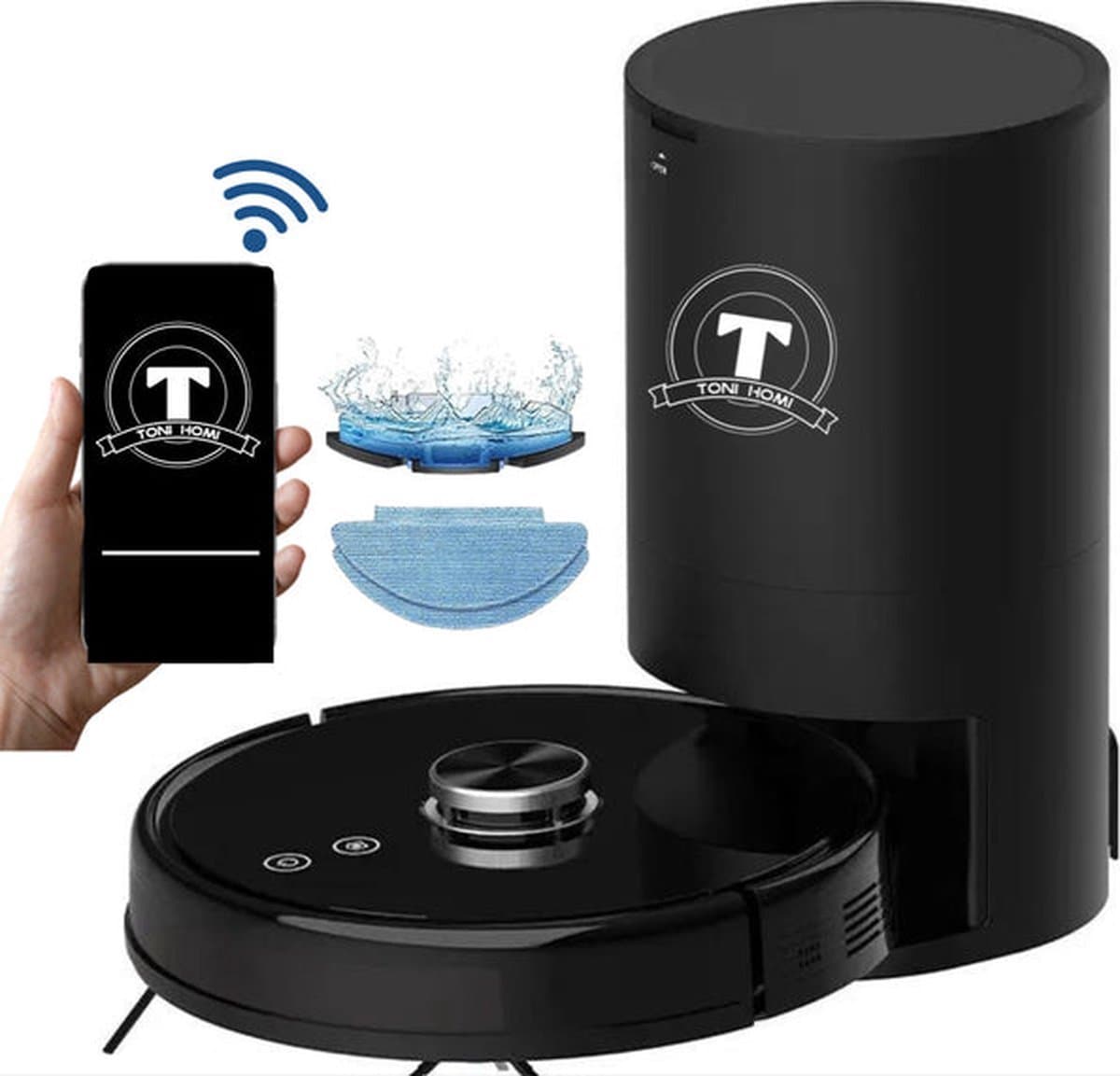 TONIHOMI® V8pro Robotstofzuiger Met Dweilfunctie - Robotstofzuiger met leegstation - Robotstofzuiger met laadstation - LDS Laser navigatie - Robotstofzuiger huisdieren - Dweilrobot - Zwart — afbeelding 1