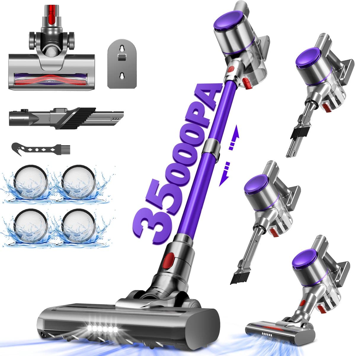 Authmic Steelstofzuiger Draadloos - 35.000Pa Zuigkracht - 6-in-1 Multifunctioneel Ontwerp - 6*2200mAh - 50 Min - GreenEye Technologie - Wandbeugel - Geschikt voor Huisdierharen, Tapijt en Harde Vloeren - Paars — afbeelding 1