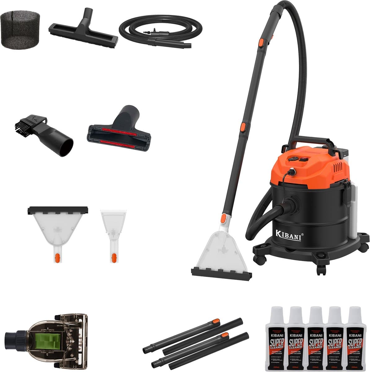 Kibani Nat/ Droogzuiger - Inclusief 5 flessen Reinigingsmiddel - Alleszuiger met Accessoires - met Sproeifunctie - 1600W - Tapijtreiniger - Inclusief Opzetstukken — afbeelding 1
