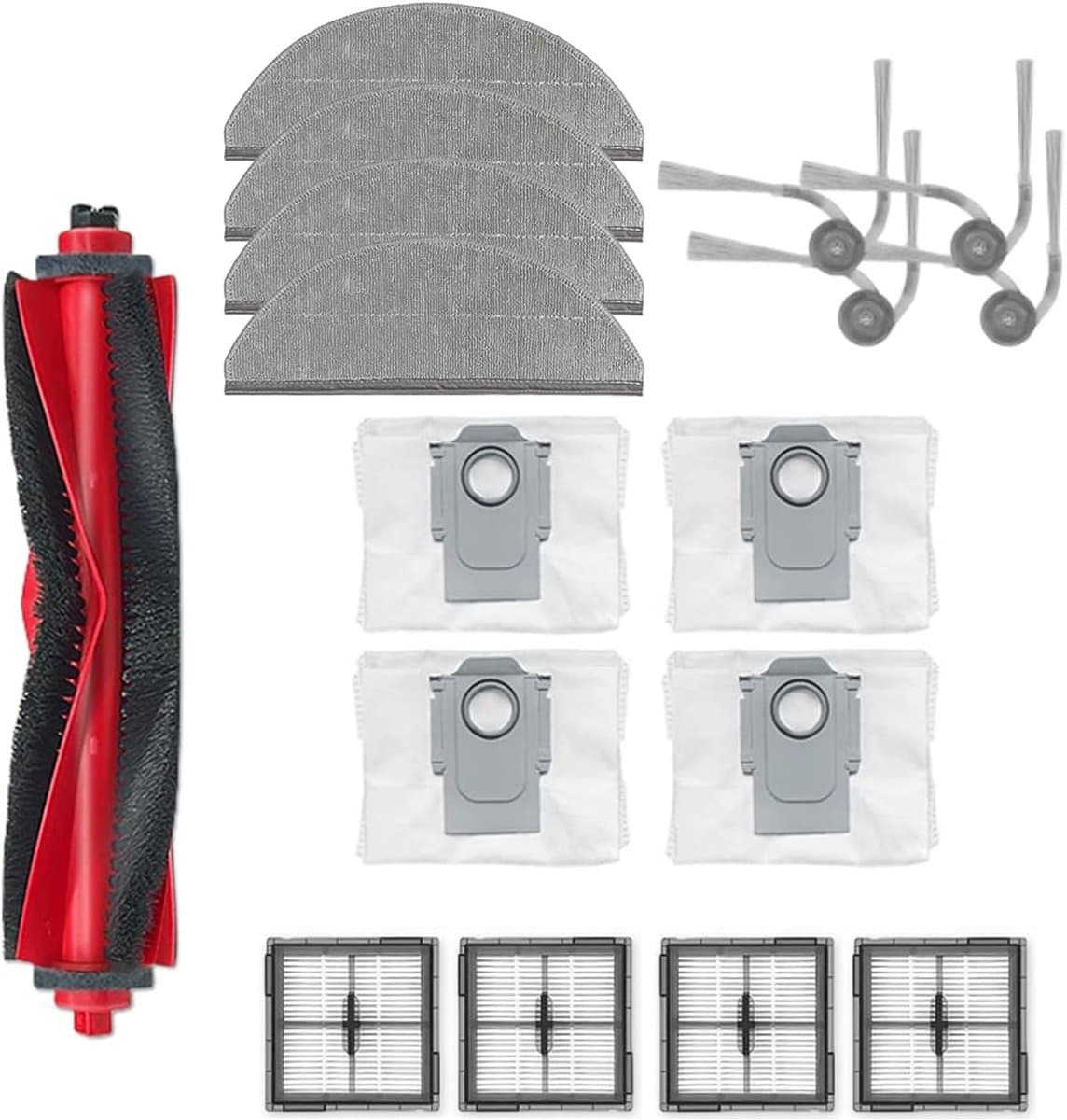 17 stuks Accessoireset onderdelen - compatibel met de Roborock Q10V/ Q10 PF/ Q10 V+/ Q10 P+/ Q10 VF/ VF+/ P/ PF+ robotstofzuiger - De set bevat 1 hoofdborstel, 4 dweildoeken, 4 HEPA-filters, 4 zijborstels en 4 stofzakken — afbeelding 1