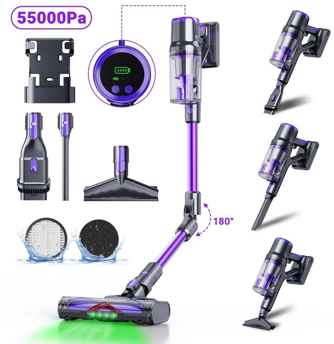 BLOSSOM Steelstofzuiger Draadloos - 550W/55Kpa/65Min - Kruimeldief - Stofzuiger Draadloos - Hepa - Touchscreen - Muurbevestigd ontwerp - Paars — afbeelding 1