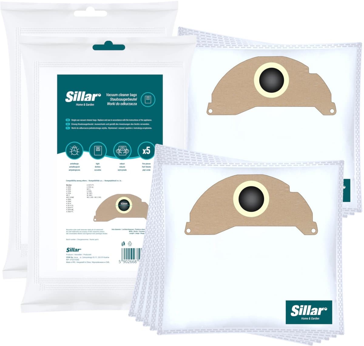 Sillar, stofzuigerzakken, synthetisch, van microvezel, 3 filterlagen, vervanging, geschikt voor stofzuigers Karcher WD2.200 WD 2400 WD 2500 E 5.100 SE 6.100, 10 stuks — afbeelding 1