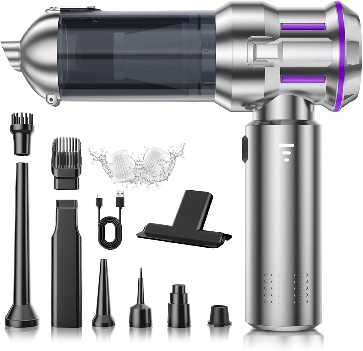 Stofzuiger draadloos - 4-in-1 Auto Stofzuiger -Kruimeldief - 1-knops zelflediging -16KPa - Oplaadbaar Handstofzuiger- Mini stofzuiger, ideaal voor dierenharen en auto-onderhoud - Zilver — afbeelding 1