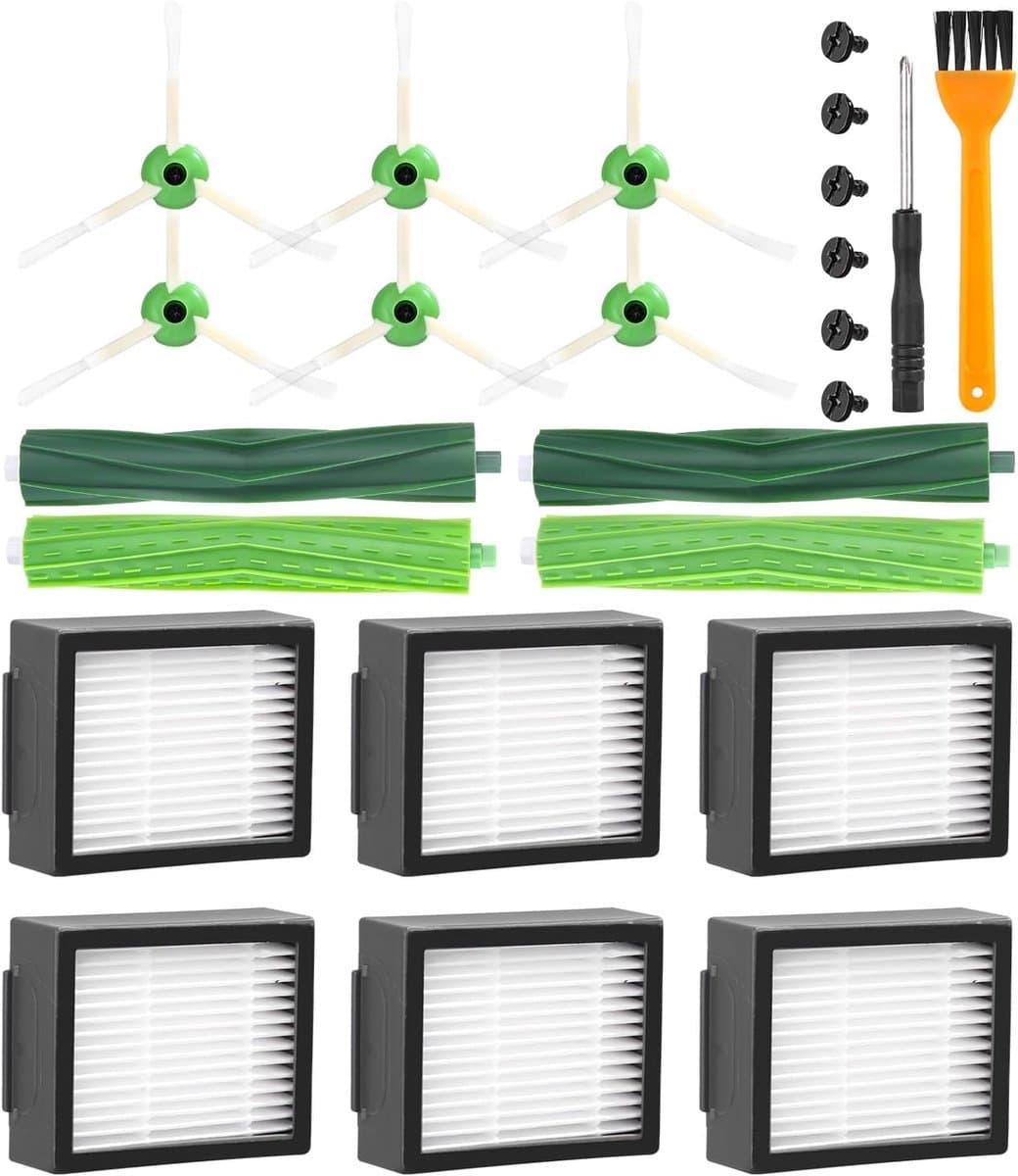 Vervangingsonderdelen geschikt voor iRobot Roomba E5 E6 i7 i7+ i3 i3+ i4 i4+ i6 i6+ j7 j7+, vervangende accessoirekits geschikt voor iRobot i-, e- en j-serie, 6 filters, 6 zijborstels, 4 rubberen borstels. — afbeelding 1