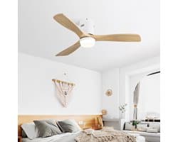 OKWISH Plafondventilator 52 Inch 132 Cm - 6 Snelheden Met Verlichting En Afstandsbediening - Voor Woonkamer En Slaapkamer - Metaal En Hout - Wit