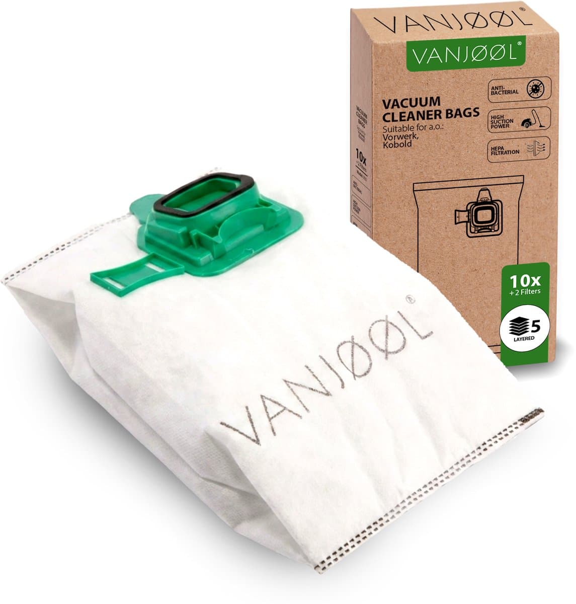 VANJOOL® Stofzuigerzakken voor Vorwerk Kobold VK140 / VK150 – 10 Stuks + 2 Filters – Geschikt voor FP140 / FP150 – 5-Laags Filtratie – Hoge Zuigkracht – Alternatief — afbeelding 1